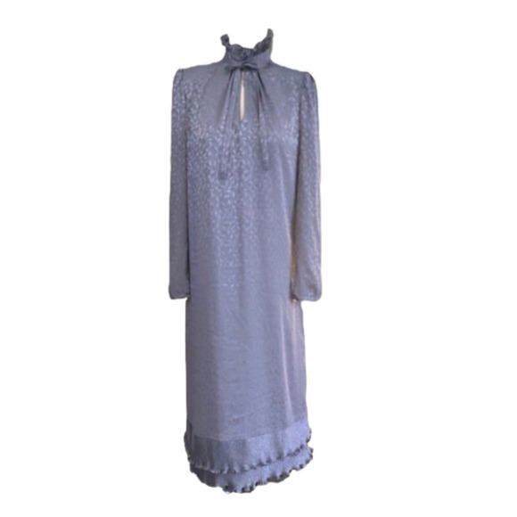 VTG 70s Iridescent Lavender Dress High Neck Ruffle Puff Sleeve Cottagecore M L - Picture 2 of 10